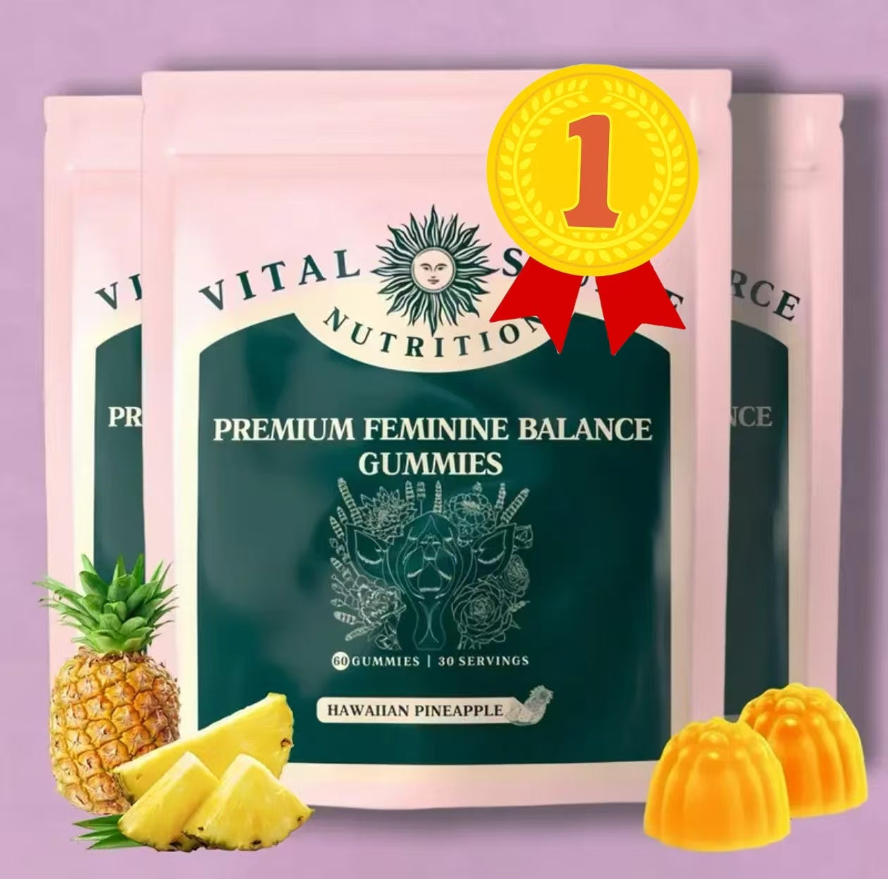 Vital Source Nutrition - Premium Feminine Balance Gummies - for Women’s Health & Wellness - Immune Support - Vegan, Gluten-Free & Halal - Hawaiian Pineapple - 60 Gummies - 30 Servings