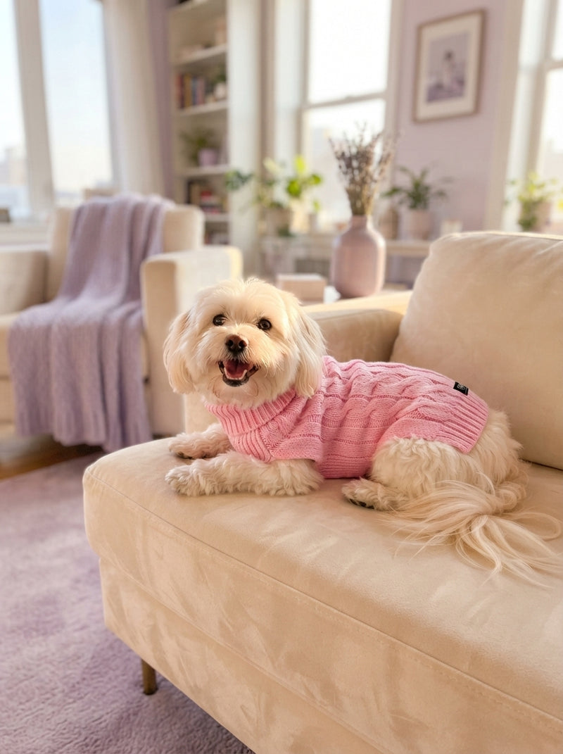 A dog wearing a pink cable knit sweater resting on a sofa in a sunlit room.